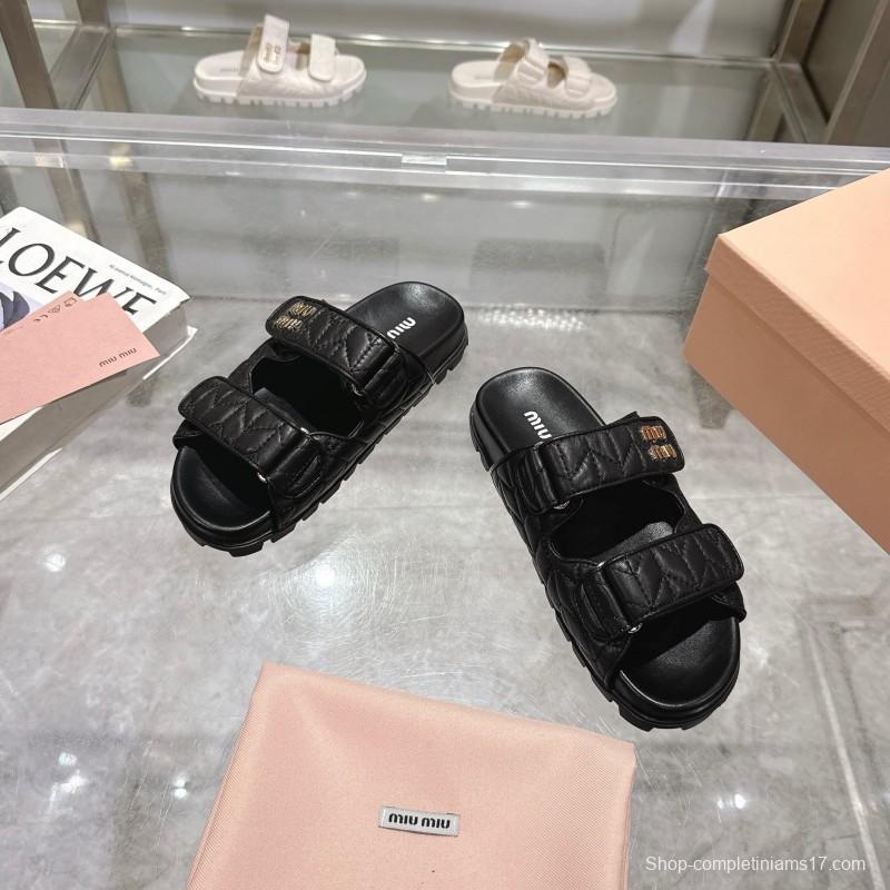 2025 Women Miu Miu Black Leather Slide Sandals