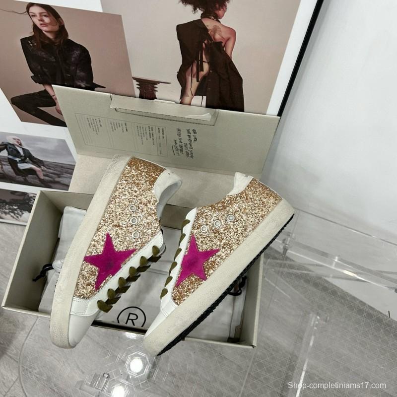 2025 Women GGDB White Gold Pink Glitter Leather Sneakers