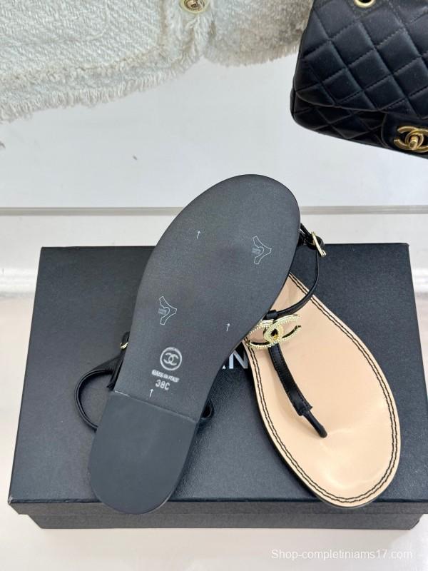 2025 Women Chanel Black Leather Sandals KFY00290