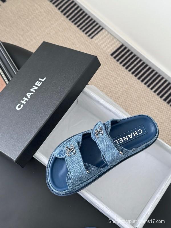 2025 Women Chanel Blue Denim Leather Slippers LY00310