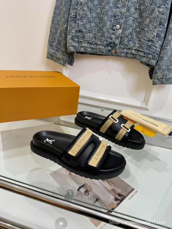 2025 Slippers Louis Vuitton Black Beige Leather Mesh Slippers LY