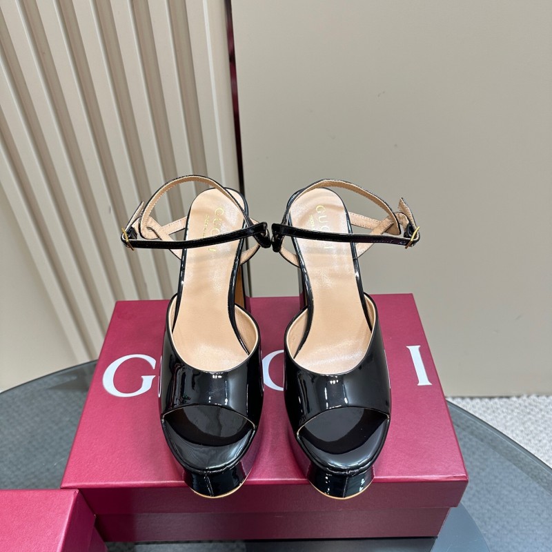 2025 Women Gucci Black Patent Leather Platform Sandals