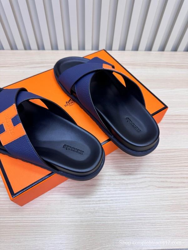 2025 Slippers Hermès Navy Orange Leather Cross Strap