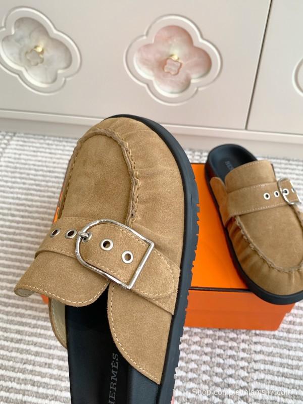 2025 Women Hermès Light Brown Suede Mule Handmade KFY00290