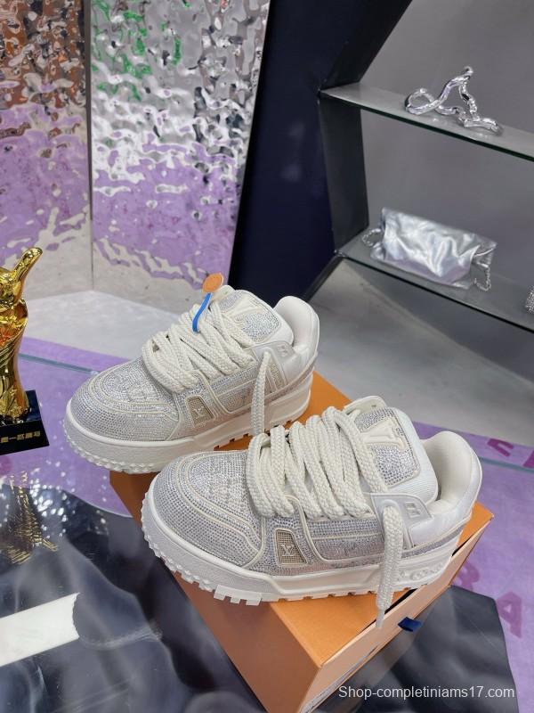 2024 Unisex Louis Vuitton White Silver Leather Trainers Crystal Embellished MJ00430