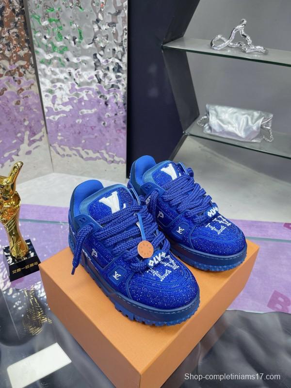 2024 Unisex Louis Vuitton Blue Rhinestone Trainer Sneakers Heat Pressing MJ00430