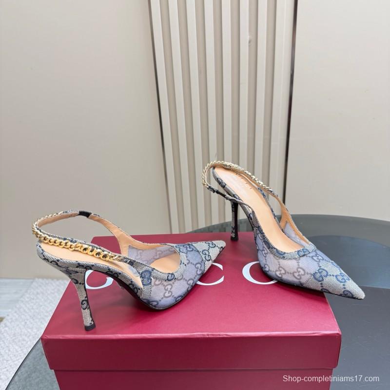 2025 Women Gucci White Mesh Slingback Heels With Crystal Chain Detailing KFY00300(F)