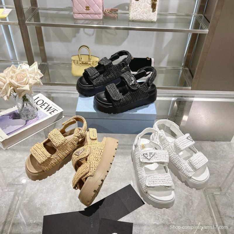 2025 Women Prada White Knitted Platform Sandals