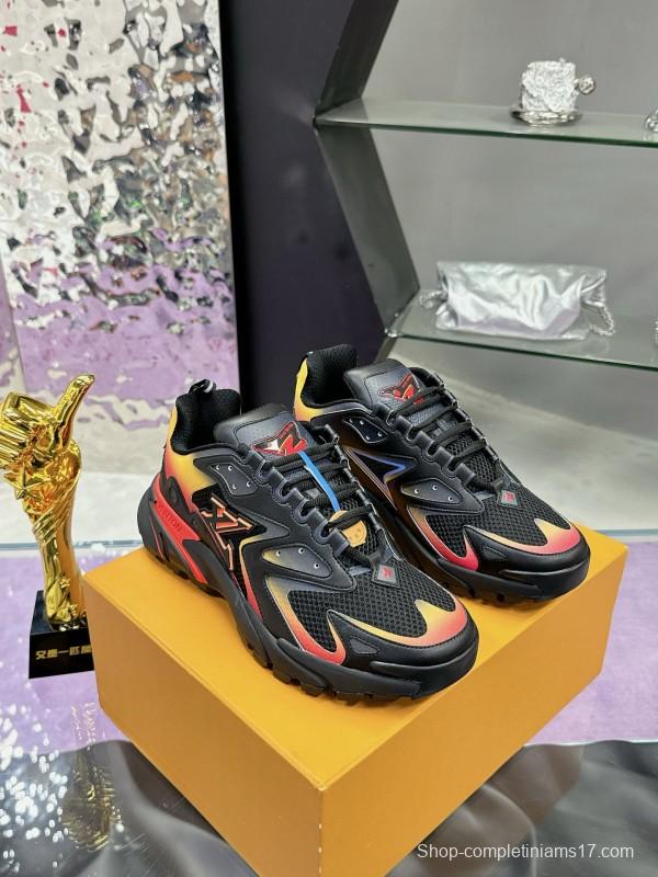 2025 Men Louis Vuitton Black Yellow Orange Mesh Leather Sneakers MJ00420