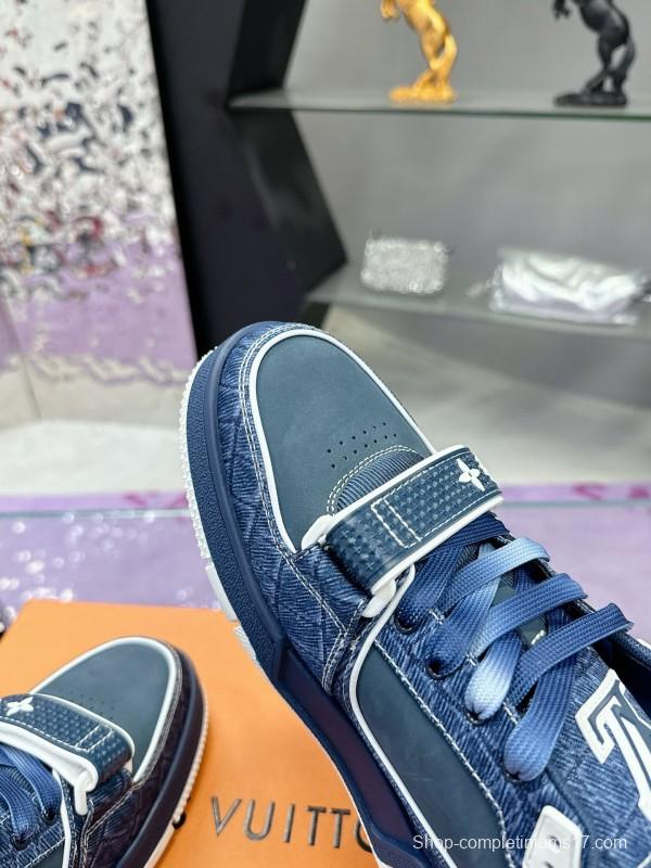 2024 Men Louis Vuitton Blue Denim Calfskin Silk Plimsolls Washed MJ00410