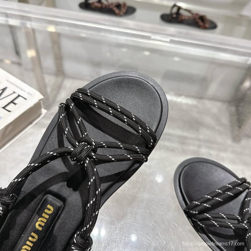 2025 Women Miu Miu Black Leather Rope Sandals