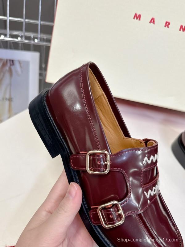 2025 Women Marni Burgundy Leather Loafers KFY00320