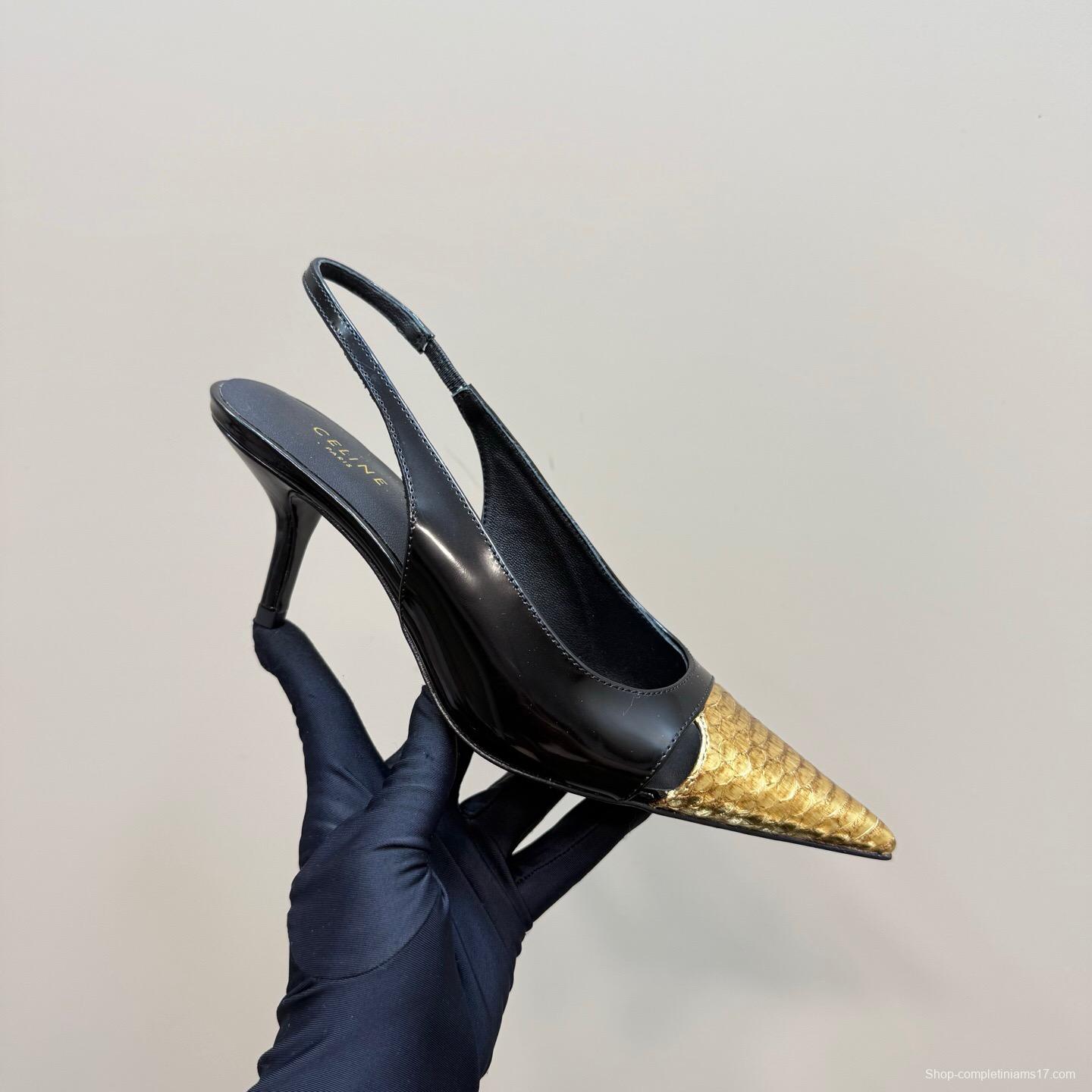 2025 Women CELINE Black Gold Leather Slingback Heels