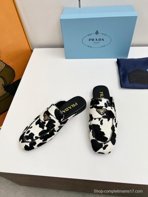 2025 Women Prada Black White Calf Hair Loafers LY00260