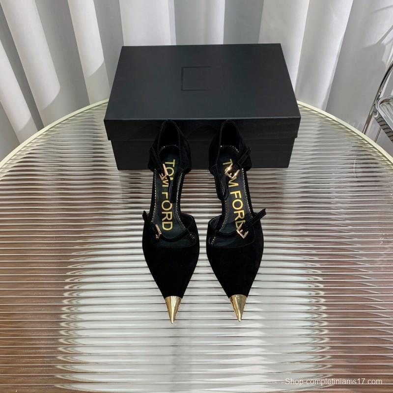 2025 Women TOM FORD Black Gold Suede Leather Pointed Pumps KFY00320