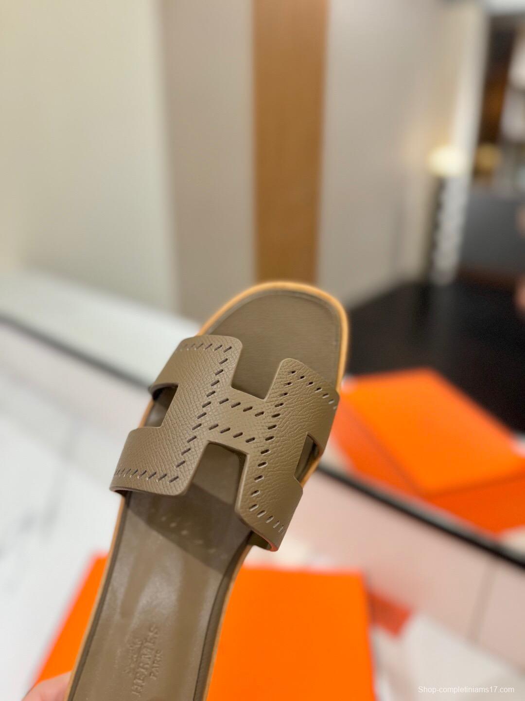 2025 Women Hermès Khaki Leather Slippers