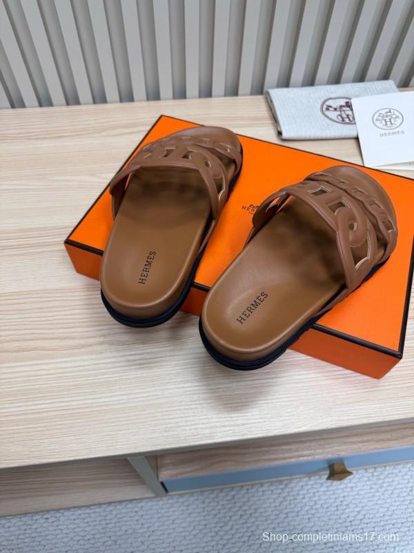 2025 Women Hermès Brown Leather Slippers KFY00260