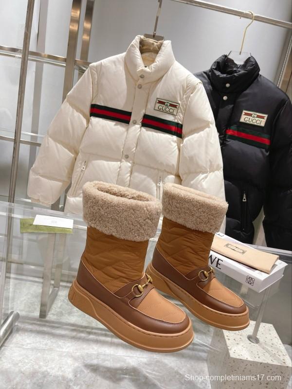 2024 Women Gucci Brown Tan Leather Shearling Lined Snow Boots MJ00420