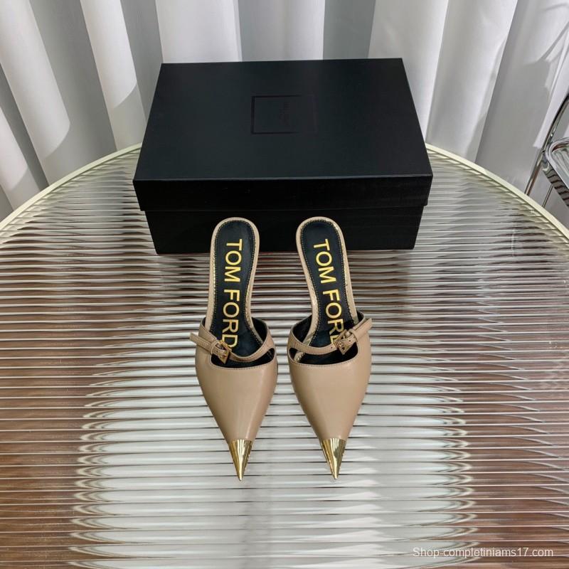 2025 Women TOM FORD Beige Gold Leather Pointed Toe Mules KFY00300