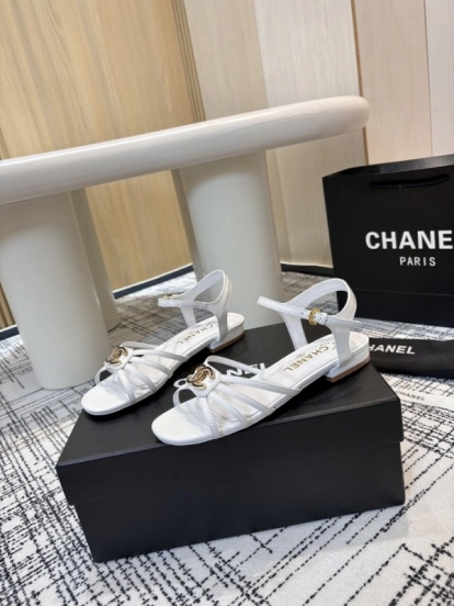 2025 Women Chanel White Leather Sandals LY00270