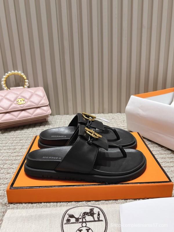 2025 Slippers Hermès Black Leather Slippers LY00270