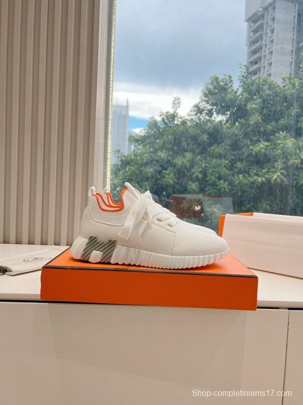 2024 Unisex Hermès white orange knit leather sneakers