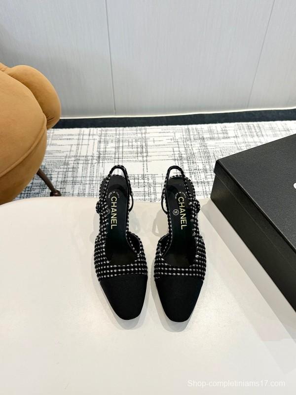 2025 Women Chanel Black White Fabric Slingback Heels LY00240