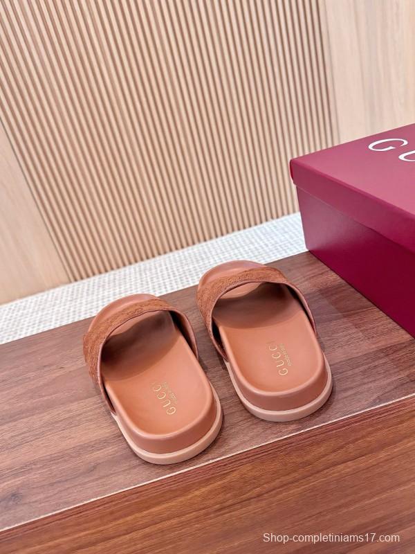 2025 Women Gucci Brown Suede Leather Slippers