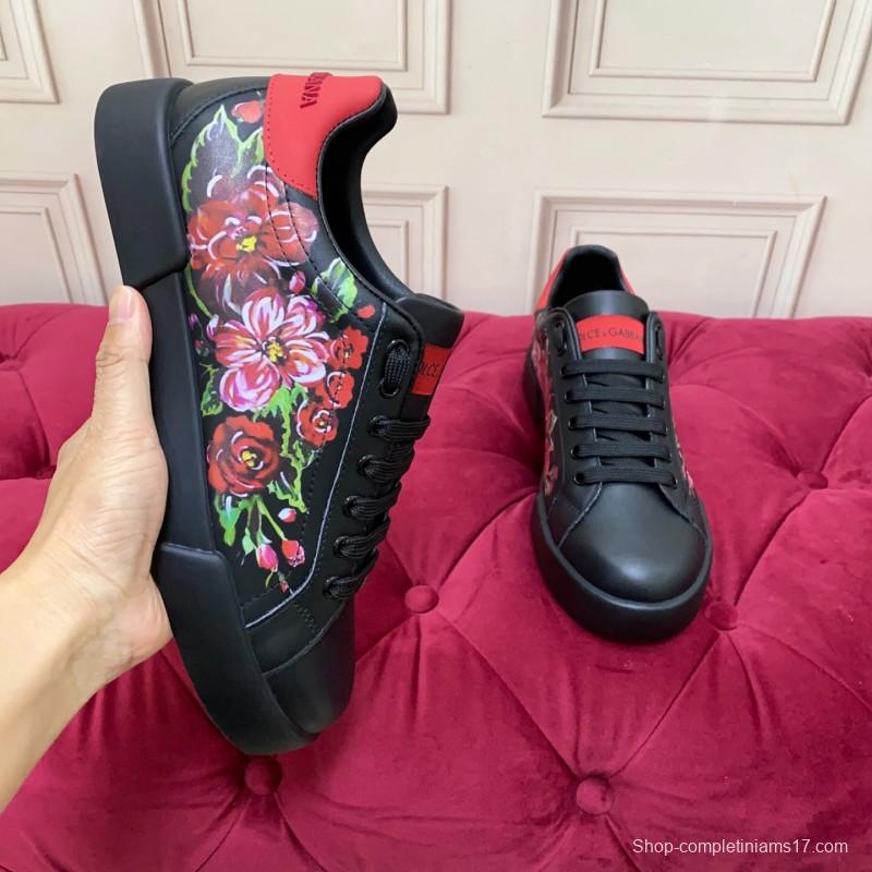2025 Women Dolce & Gabbana Black Red Leather Sneakers Floral LY00300