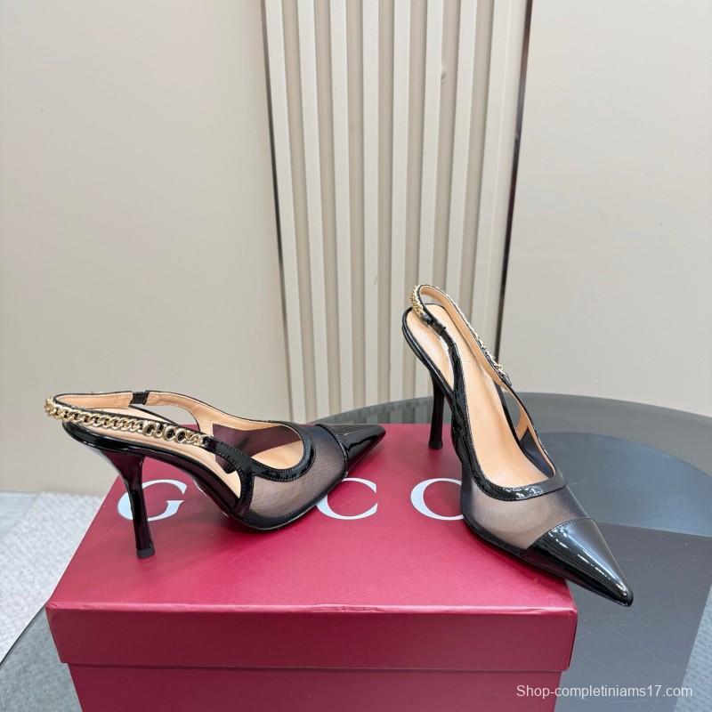 2025 Women Gucci Black Mesh Chain Strap High Heel Pumps KFY00300(F)