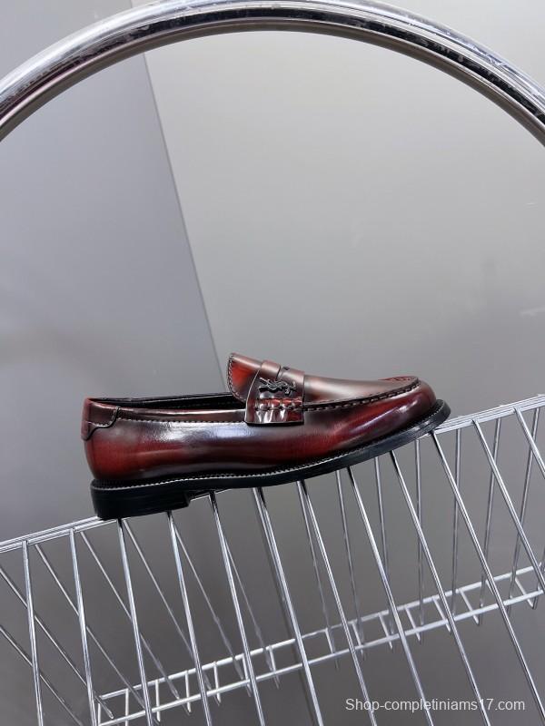 2025 Women Yves Saint Laurent Burgundy Calf Leather Loafers KFY00350