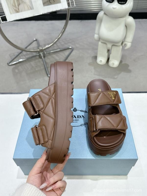 2025 Women Prada Brown Leather Sandals