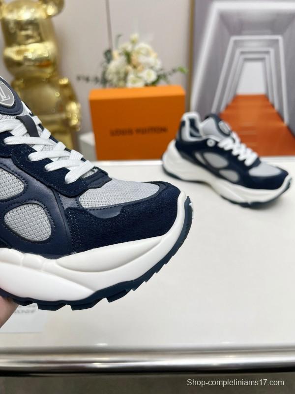 2025 Unisex Louis Vuitton Black White Blue Leather Tech Fabric Sneakers Monogram LY00340