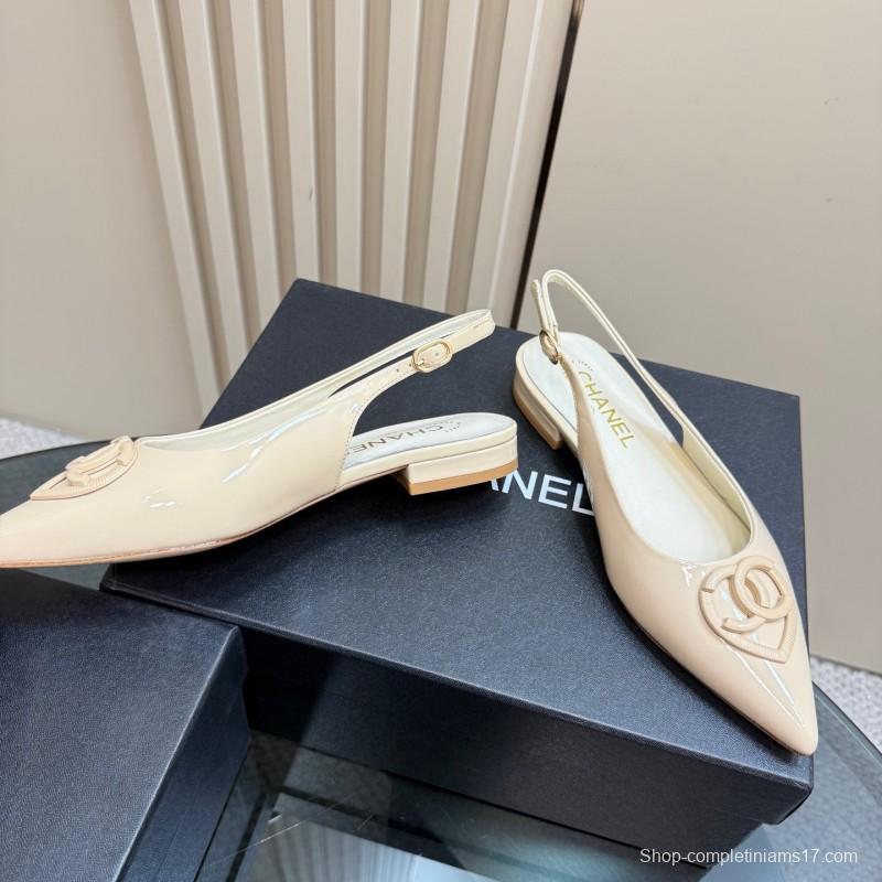 2025 Women Chanel Beige Patent Leather Slingback Heels KFY00290