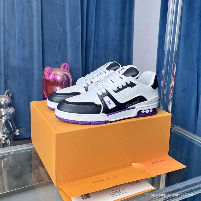 2025 Unisex Louis Vuitton White Black Purple Leather LV Trainer