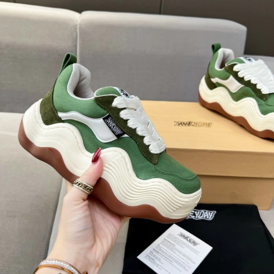 2025 Unisex HEYDAY Green White Canvas Leather Wave Sneakers KFY00260