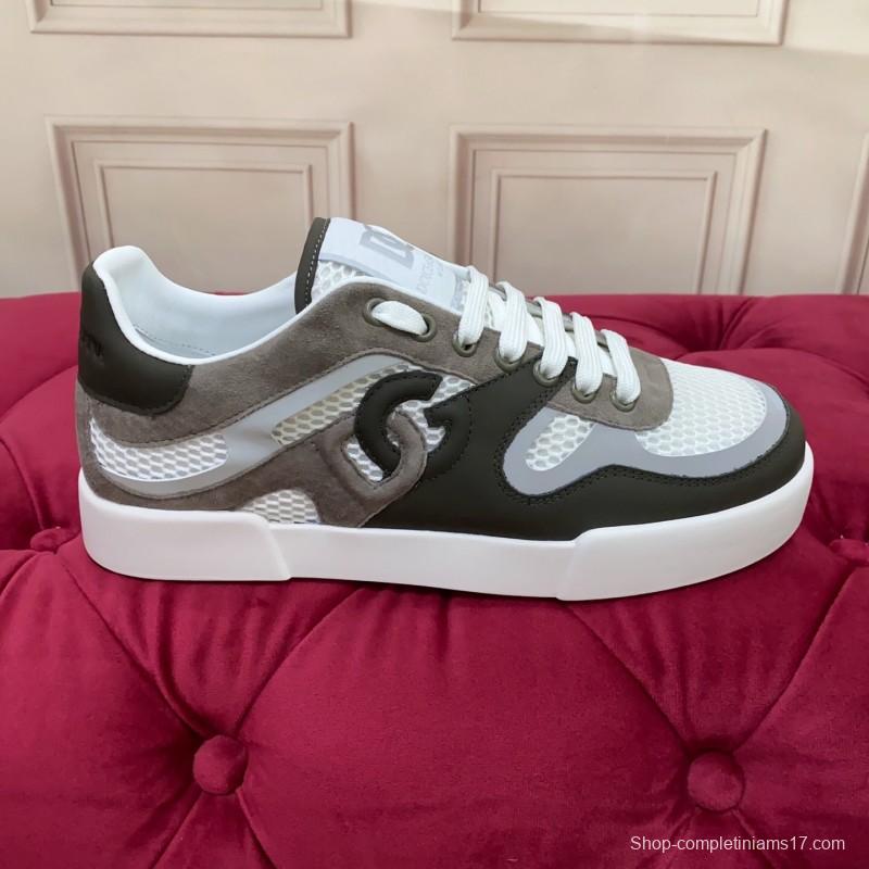 2025 Unisex Dolce & Gabbana White Grey Black Leather Mesh Sneakers