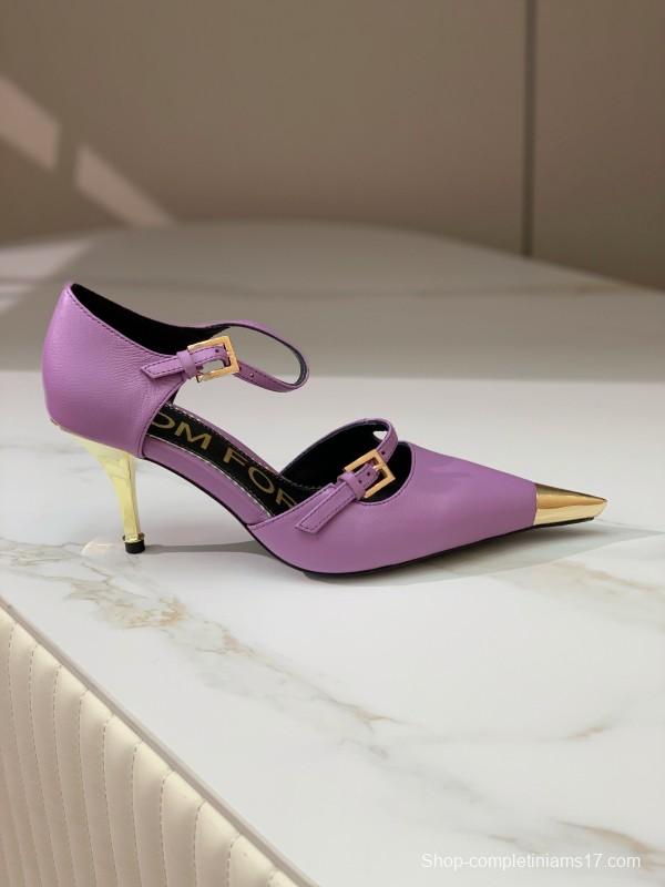 2025 Women TOM FORD Purple Gold Leather Pointed Toe Heels KFY00320