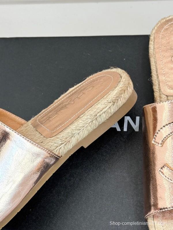 2025 Slippers Chanel Rose Gold Leather Women Espadrille Handmade KFY00230