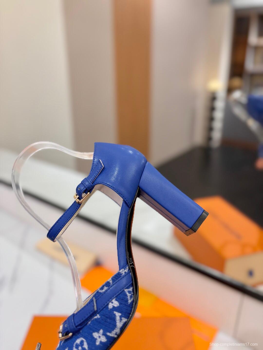2025 Women Louis Vuitton Blue Denim Leather Heels KFY00310