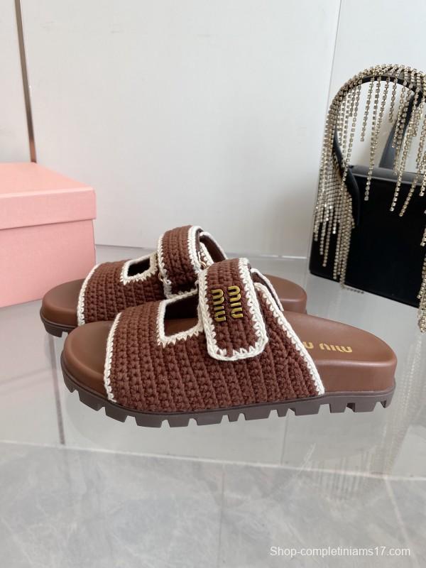 2025 Miu Miu Brown White Crochet Slippers KFY00290