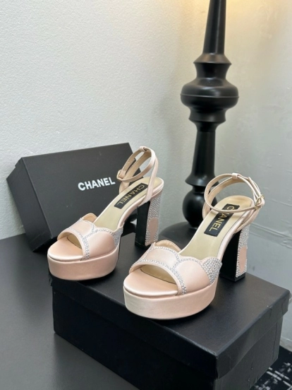 2025 Women Chanel Pink Satin Rhinestone Platform Sandals KFY00320