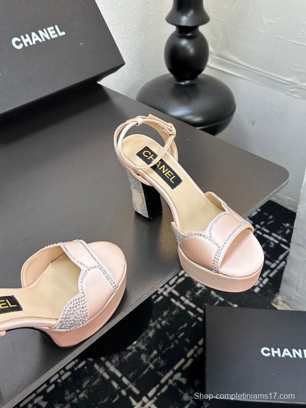 2025 Women Chanel Pink Satin Rhinestone Platform Sandals KFY00320