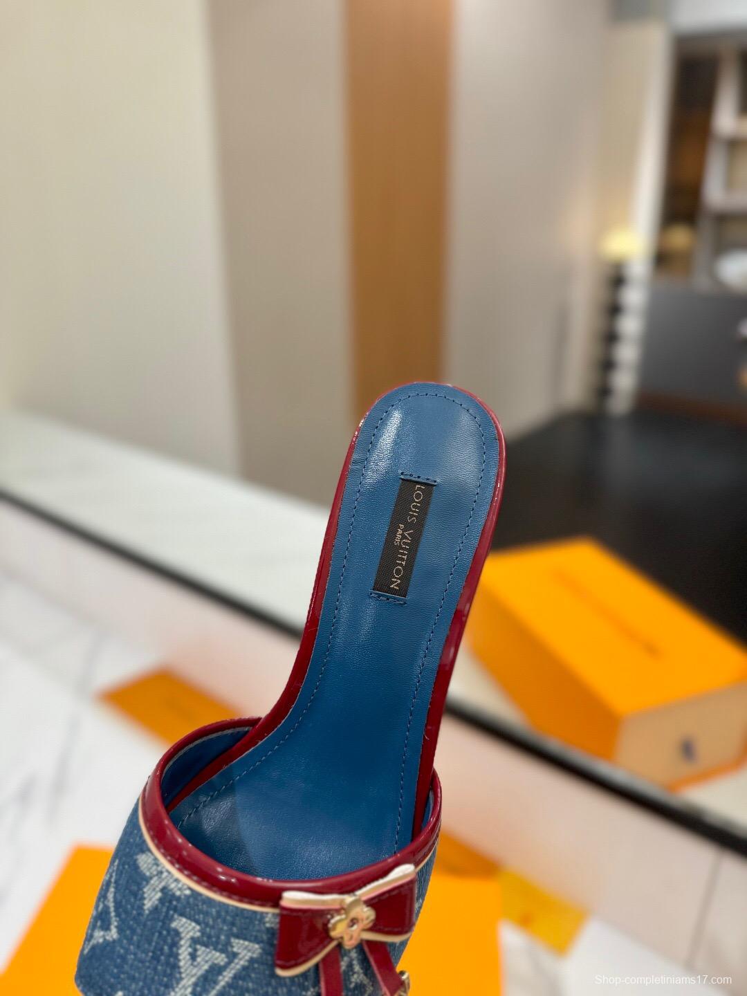 2025 Women Louis Vuitton Blue Denim Leather Mules