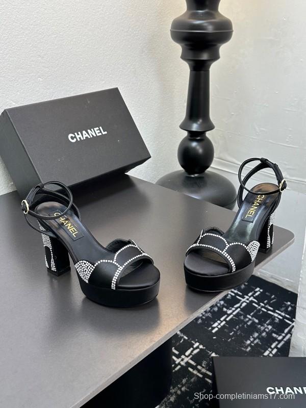 2025 Women Chanel Black Fabric Leather Rhinestone Platform Sandals KFY00320