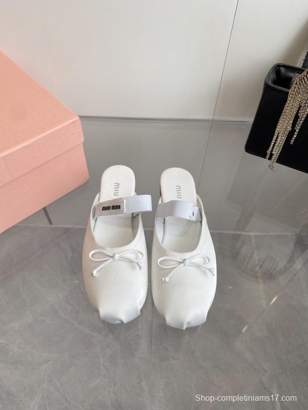 2025 Women Miumiu White Satin Ballet Flats Elastic Band KFY00280