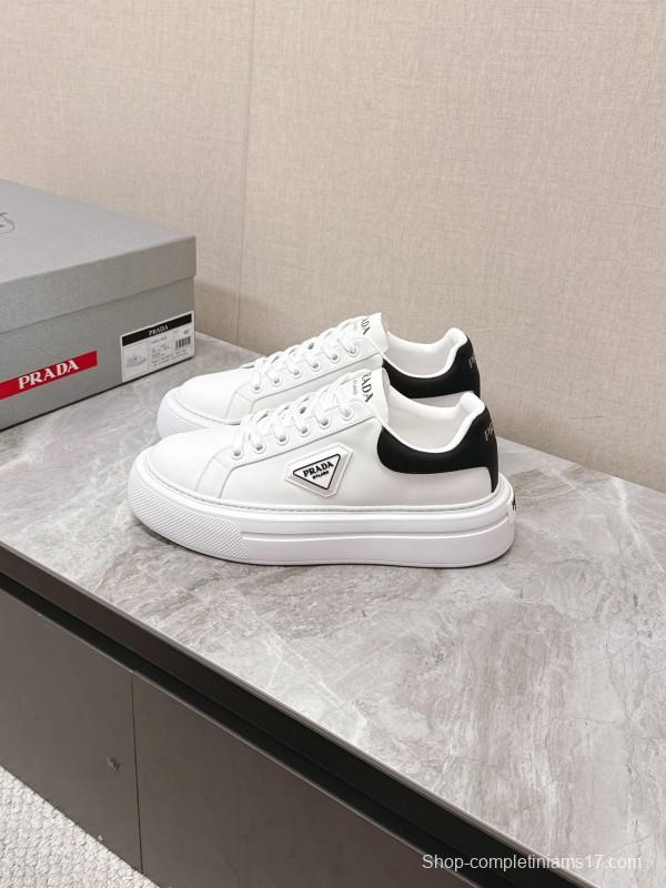 2025 Unisex Prada White Black Calfskin Leather Sneakers KFY00290