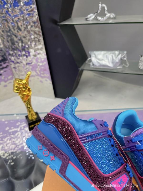 2025 Women Louis Vuitton Blue Purple Leather Fabric Plimsolls Handcrafted Rhinestones AS00400