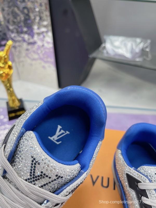 2025 Women Louis Vuitton Blue White Cow Leather Fabric Plimsolls Handcrafted Crystals AS00400