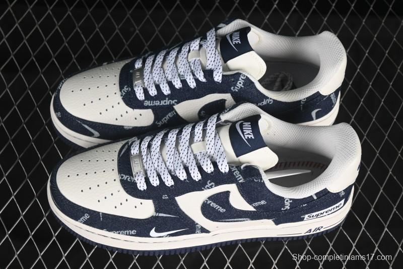 Nike Air Force 1 '07 Low Supreme Collaboration Blue Denim White Swoosh Casual Sneakers - LW9279-005